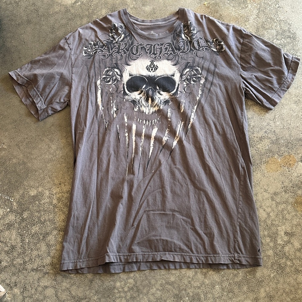 Y2K Archaic Skull Graphic T-Shirt Men's‎ Gray Short Sleeve Roses